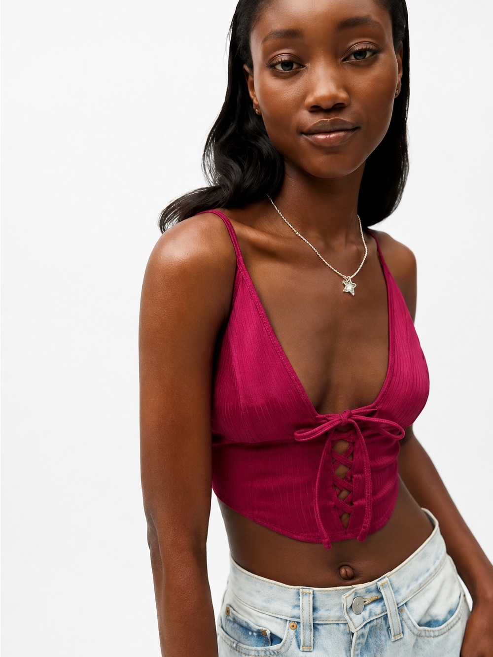 NWT Urban Outfitters UO Rina Triangle Cami Lace Up Crop Top Magenta Purple Sz S